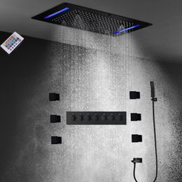 Bathroom LED Shower System Black Faucets Set Thermostatic Mixer Large 700*380MM Rainfall Showerhead Panel With Massage Body Jets