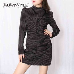 Summer Striped Dress For Women Stand Collar Puff Sleeve High Waist Mini Elegant Dresses Female Fashion 210520