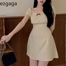Ezgaga Sexy Bodycon Dress Women Short Sleeve Bow Vintage Short Sleeve Summer New Solid Chic Ladies Korean Casual Vestidos 210430