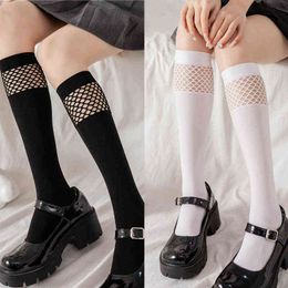 Women Sexy Knee High Socks Mesh Stockings Fashion Fishnet Cute College Style JK Girls Lolita Student Black Gothic Long Sock New Y1120