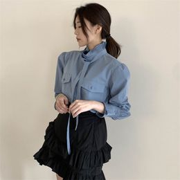 Women Blouses Pleated Lace Up Stand Collar Solid Colour Double Pockets Petal Sleeve Femme Blusas Autumn Shirts PL402 210506