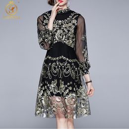 Fashion Runway Summer Knee-Length Dress Women Lantern Sleeve Gorgeous Mesh Flower Embroidery Elegant Party 210520