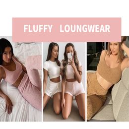 2020 Fluffy Loungewear Women Sexy 2PC Fur Suit Soft Sweater Knitted Suit Casual Lounge Homewear Outfits Pyjamas Undefined Set Y0625