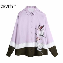 Zevity Women Vintage Crane Print Colour Match Casual Smock Blouse Office Lady Turn Down Collar Shirts Chic Blusas Tops LS7270 210603