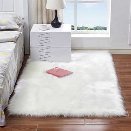 Luxury Rectangle Square Soft Artificial Wool Sheepskin Fluffy Area Rug White Fur Carpet Shaggy Long Hair Solid Mat Home Decor 210626
