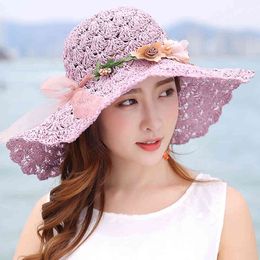 Summer Flower Raffia Bow Women Large Brimmed Folding Beach Sun Protection Uv Panama Hat With Capeu Bone