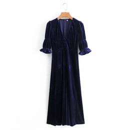 Elegant Women Blue Velvet Slim Dress Fashion Ladies V-Neck Puff Sleeve Vestidos Sweet Female Chic French Long Dresses 210427