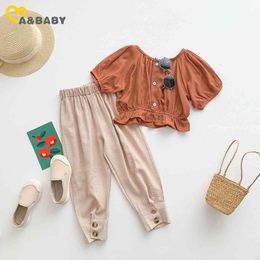 2-8Y Summer Child Kid Girls Clothing Set Fashion Puff Sleeve T shirt Tops Pants Outfits Children Beach Holiday Costumes 210515