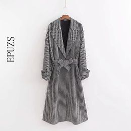 Winter white plaid trench coat women long female turn-down collar vintage sashes over outwear clothes 210521