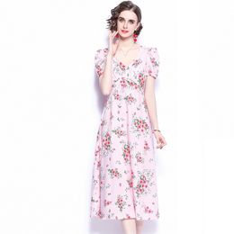 France Puff Sleeve Dress Ladies Elegant Retro Floral Print V Neck Midi Dress Chic Slim Summer Vintage Party Dress Vestido 210515