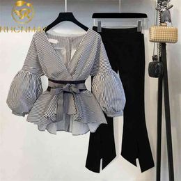 Spring Summer 2 Pcs Suits Women's Striped Bow Lantern Sleeve Blouse + Black Split Flare Pants Set S-3XL 210506