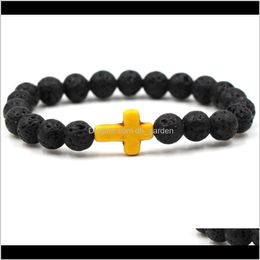 Beaded Strands Drop Delivery 2021 Black Lava Stone Beads Cross Charm Bracelet Essential Oil Per Diffuser Bracelets Women Yoga Jewelry Ps0837