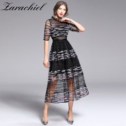 Elegant Mesh Overlay Party Women Striped Sequined Embroidery Female Summer Short Sleeve Sexy Long Dress robe femme 210416