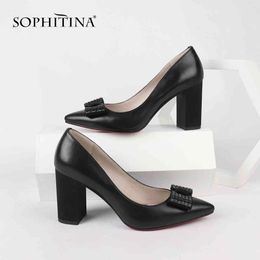 SOPHITINA Casual Woman Pumps Genuine Leather Pointed Toe Shallow Comfortable Stylish Fashion Shoes Square Heel Sexy Pumps PC158 210513