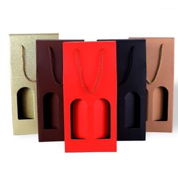 100 pcs Kraft Papel Vermelho Caixa de Vinho Handheld Single / Dupla Botas de Garrafa Janela Janela Presente De Packaging Fontes De Festa Wrap