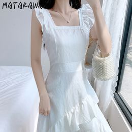 MATAKAWA Vintage White Women Dress Slim Waist Strap Dresses Square Collar Robes Summer Ruffles A-line Vestido Feminino 210513