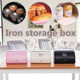 Pink / Black / Beige Roll Top Metal Flip-Baked Bread Box Dust-Proof Storage Box Bread Bin Kitchen Food Holder 210330