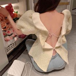 Puff Sleeve Backless Tops Shirts Women Summer French Short Shirt High Waist Lace-Up Solid Apricot Blouse Female 210601