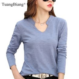 Long Sleeve Women V-Neck Bamboo Cotton T-shirt Elegant Loose Fashion Brand Tee shirt Ladies Autumn winter Stand Collar Tops 210819