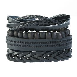 Handmade Braided Black Rope Multilayer Leather Charm Bracelets Set For Men Women Adjustable Punk Wooden Beaded Bangle Jewelry