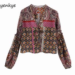 Vintage Paisley Printed Chiffon Cropped Blouse Shirt Women Flowy V Neck Long Sleeve Streetwear Summer Tops Plus Size BBWM2592 210514