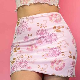 Kawaii Daisy Print Y2k Mini Pink Skirts Women Femme Sweet Summer High-Waisted Cute Floral Pattern Short Pencil Skirt Saias 210415
