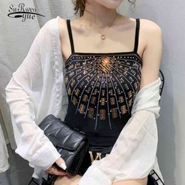 Sexy Vests Women Summer Vintage Black Mesh Tops Diamonds Slim Fit Korean Fashion Plus Size Tanks Clothes 9497 210521