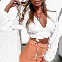 sexy deep v neck ruched lace up blouse tops women autumn winter white cropped tops vintage 210415