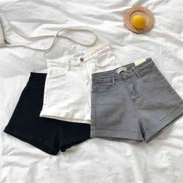 Summer Style Solid Retro High Waist Curled Denim Shorts Female Korean of Slim Trend Short Jeans Women 210625