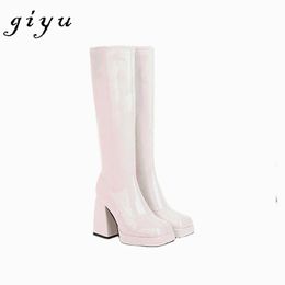 Boots 2021 Fashion Square Toe High Heel White Platform Shoes Black Women Leather Botas De Invierno Para Mujer