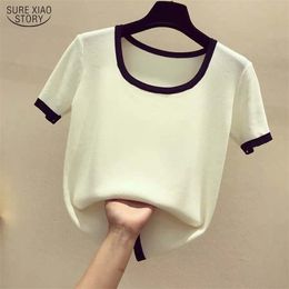 Solid Cotton Knitted T-shirt Summer Elegant Women Square Collar Short Sleeve Tops Causal Vintage Shirts Ladies 9593 210506