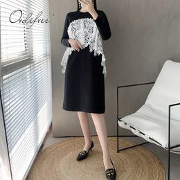 Spring Autumn Women Black Shift Long Sleeve Vintage Loose Lace Patchwork Hollow Out Party Dress 210415