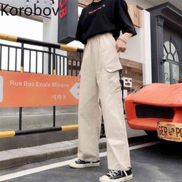 Korobov Korean Women Autumn Winter New Trousers Vintage Cargo Pants Joggers Streetwear Pockets Casual Wide Leg Pants 210430