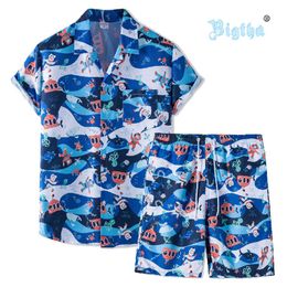 Summer New Men's Clothing Short-sleeved Printed Shirts Shorts 2 Piece Fashion Male Casual Beach Wear Clothes X0610