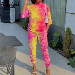 Outfits for Women Fashion Home Style Casual Pocket Clothes Elastic Waist Tie Dye Printed Bouquet Foot Pants Suit 210513