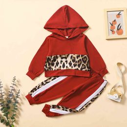 Spring Autumn Kids Leopard Stitching Hedging Solid Colour Hooded Long-sleeve Printed Trousers Two-piece Children's Clothing Suit 210515