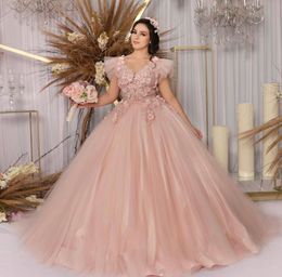 Rosa Prinzessin Quinceanera Kleid 2021 V-Ausschnitt Flügelärmeln Blumen Pailletten Perlen rückenfrei Sweet 16 Ballkleid Vestidos De 15 A￱os