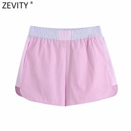 Women Fashion Patchwork Striped Print Casual Summer Shorts Ladies Chic Elastic Waist Pink Colour Pantalone Cortos P1029 210416