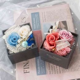 Preserved Real Rose Jewelry Box Ring Necklace Holder Blossom Flower Mother Day Romantic Gift Set for Wedding Valentine Birthday