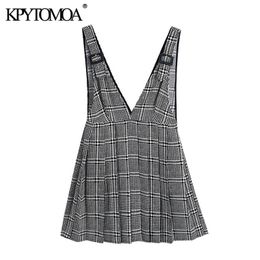 Women Fashion Pleated Houndstooth Pinafore Skirt V Neck Side Zipper Adjustable Straps Female Skirts Mujer 210420