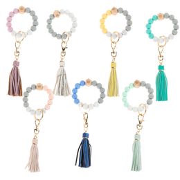 Keychains for Women Silicone Bead Car Key Chain Ring Bracelet Wristlet Gift Keychain Beaded Keys Keyring Holder Food Grade Female Wooden String Girl Strap