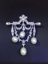 natural fresh water pearl brooch pins 925 sterling silver with cubic zircon vintage victoria tear drop shape