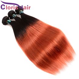 Burnt Orange Coloured Straight Human Hair Bundles Malaysian Virgin Weave 3pcs Deals Soft Ombre Extensions 1B 350 Dark Roots Double Machine Weft