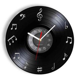 Music Notes Circle Retro Gramophone Record Wall Clock Crafted Musician Home Decor Artwork Watch Retro Music Album Longplay Clock H1230