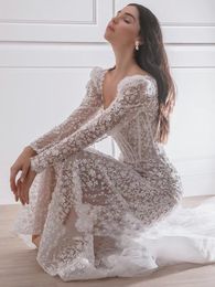 Luxurious Beaded Flowers Mermaid Wedding Dress Long Sleeves Square Neck Boho Beach Wedding Gowns For Bride Sexy Backless Romantic Bridal Dresses Sweep Train