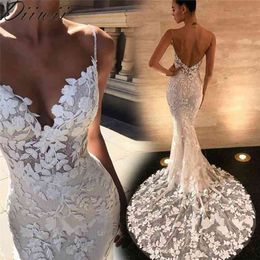 Diiwii Woman Dress V-Neck Sling Sleeveless Long Wedding Party Sexy Backless Lace Flower Floor-Length Female 210630