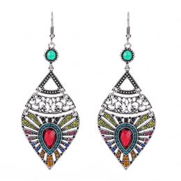 Vintage Silver Color Hollow Water Drop Earrings Bohemian Boho Jewelry Ethnic Crystal Rhinestone Dangle Earrings For Women