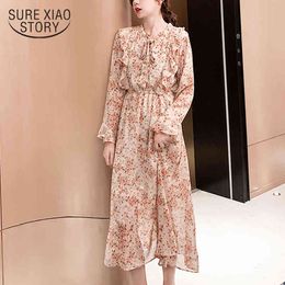 Spring Print Long Bow Flare Sleeve A-Line Chiffon Elegant Dress Women Ruffles Empire Dresses 8549 50 210417