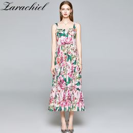 Summer Designer Spaghetti Strap Dress Women Elegant Pink Floral Print Jungle Vacation Pleated Female Long Dresses 210416