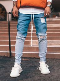 Jeans Men Stretch Skinny Fit Bottom Zipper Knee Ripped Distressed Hole Biker Jeans Pants Hip Hop Street Big Size X0621